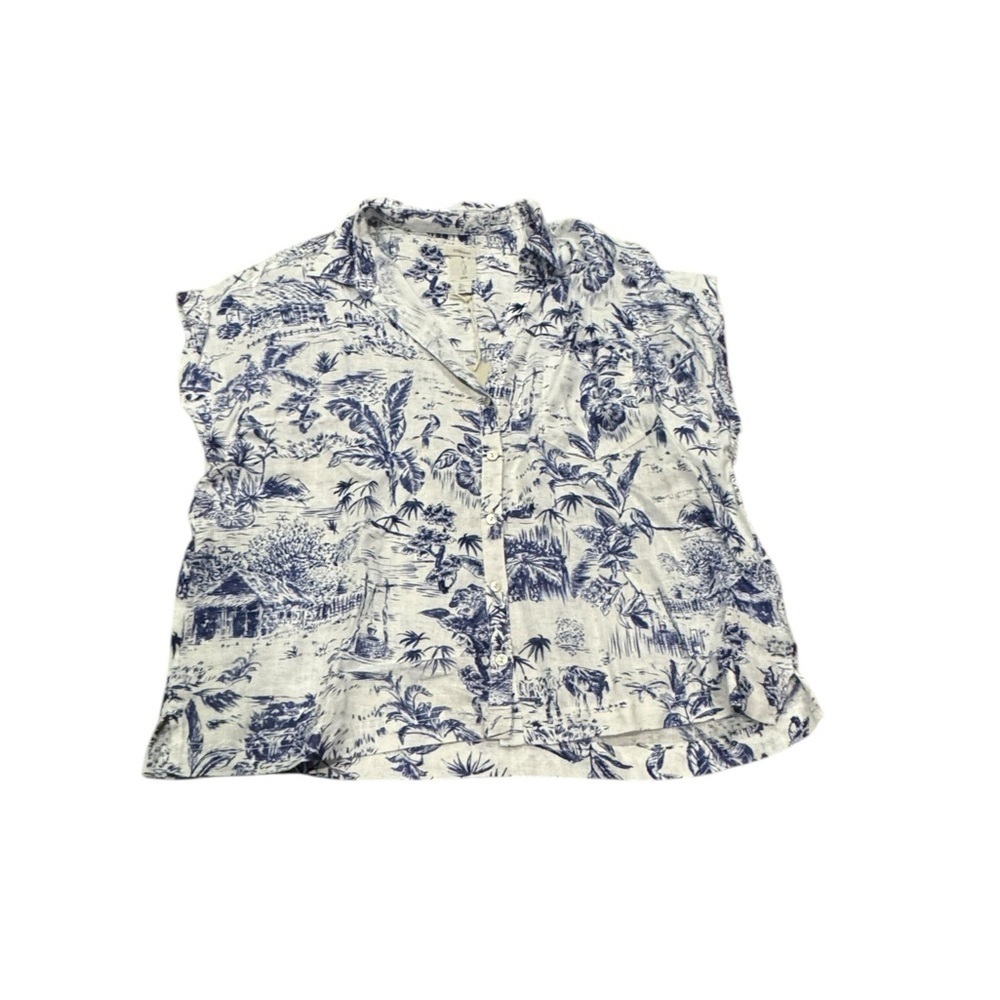 Joie White and Navy Blue Printed Cap Sleeve Blouse